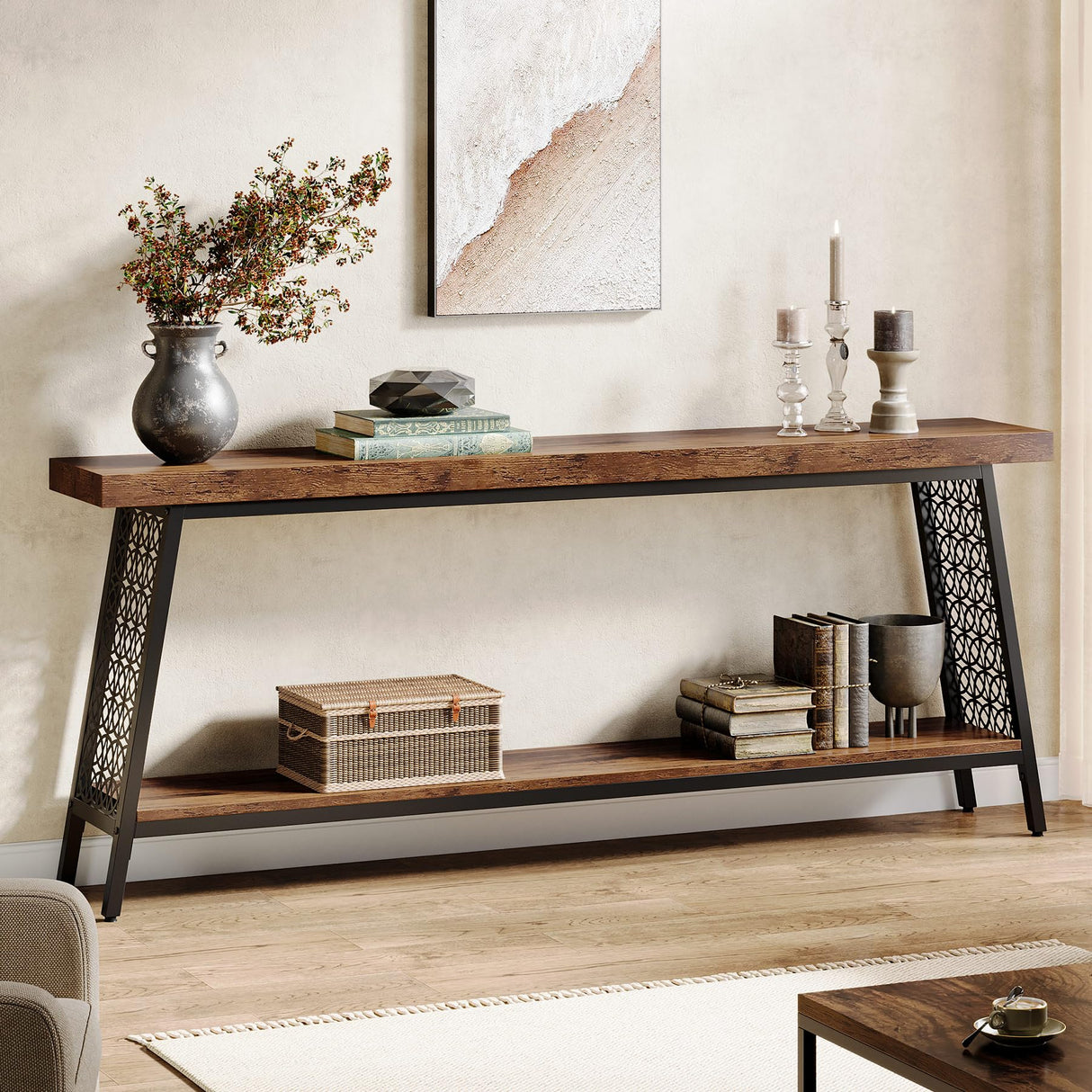70.9" Console Table, 2-Tier Extra Long Sofa Table, Industrial Entryway Table Behind Couch