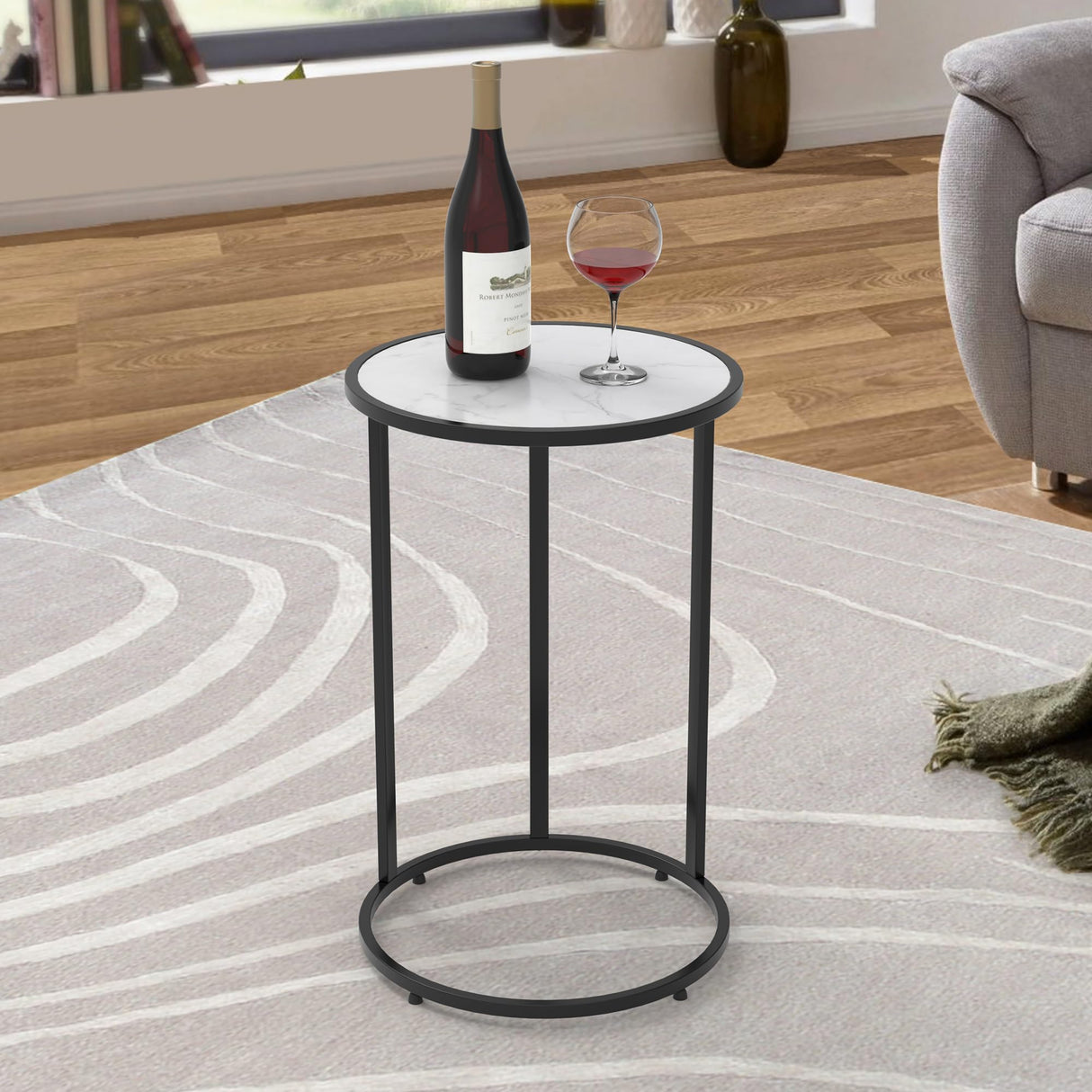 Round Side Table Black - Wood Top End Table with Metal Frame, Accent Tables