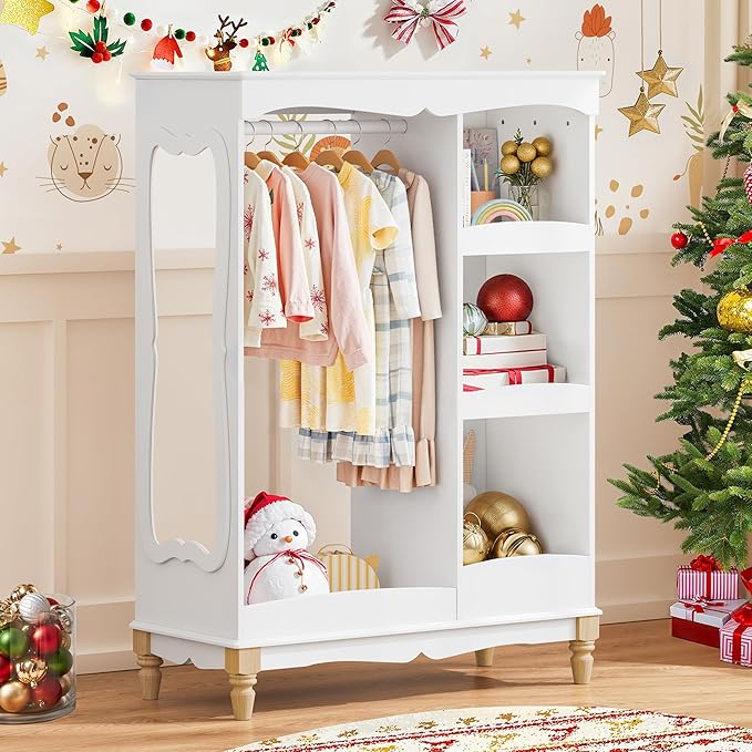 Kids Dress Up Storage with Flower Mirror, Open Hanging Closet Wardrobe for Children