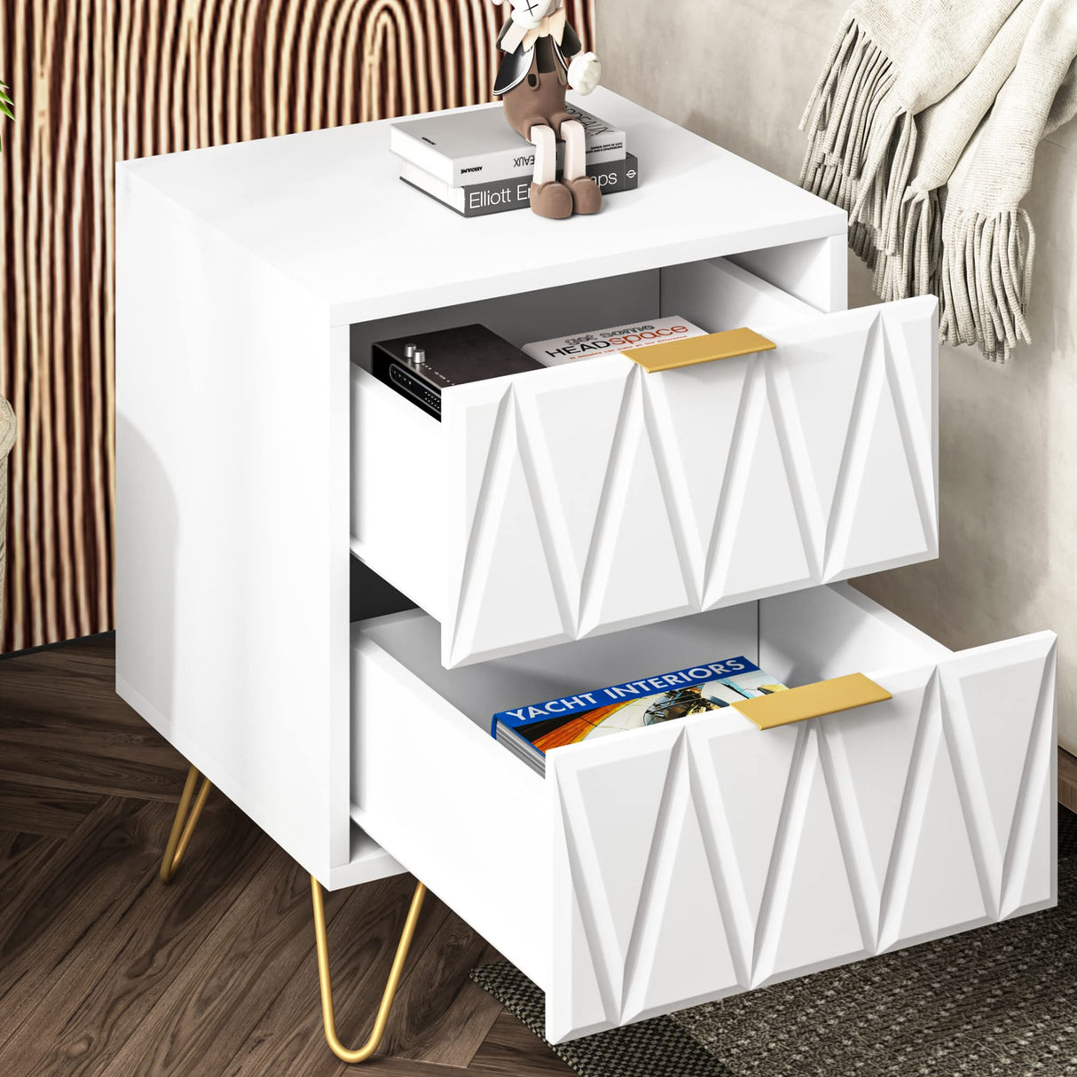 White Night Stands for Bedrooms Set of 2, Modern Bedside Table with 2 Drawers Storage, Wood Nightstand End Side Tables with Golden Metal Legs for Bedroom Living Room