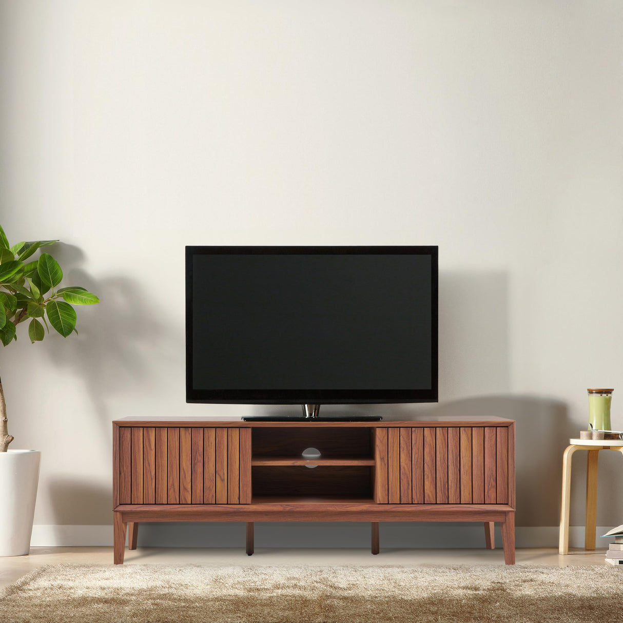 JONATHAN Y TVS1000B Gennaro 58 in. Farmhouse 3-Storage Sliding Door TV Stand Fits TVs up to 65 in. with Cable Management, Walnut Entertainment Center with Storage for Living Room, Bedroom