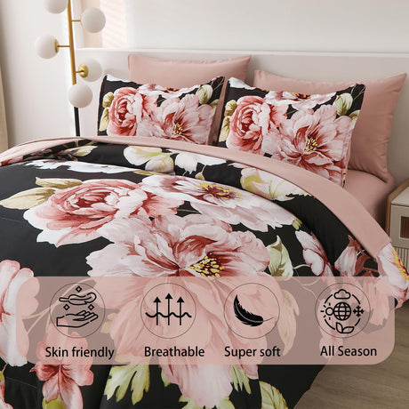 Set Queen Size 7 Pieces Bed in a Bag,Pink Flower Pattern Comforter