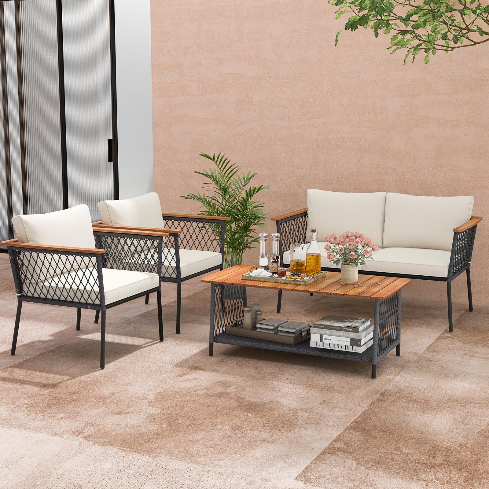 4 Piece Patio Furniture Set, Patiojoy Rattan Chair Set w/ 2-Tier Coffee Table