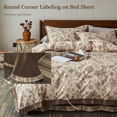 100% Cotton Brown Duvet Cover Queen Size, 4 Piece Vintage Floral Duvet Cover and Sheet Set with Zipper -