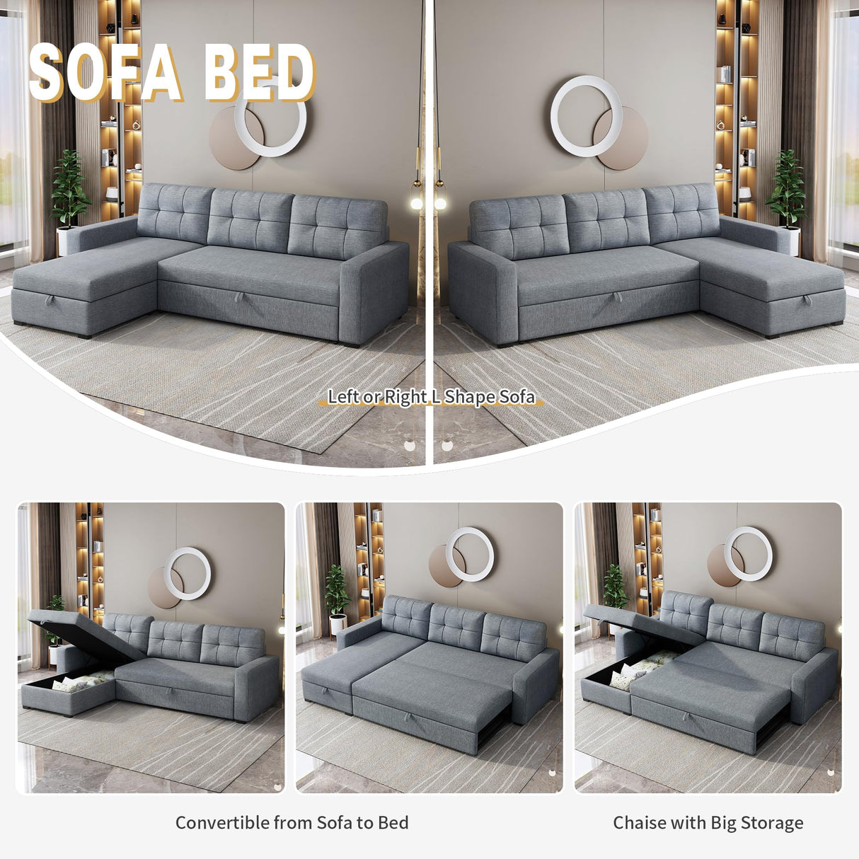 Sleeper Sofa Couch with Pull Out Bed,L Shaped Sleeper Sofa with Storage