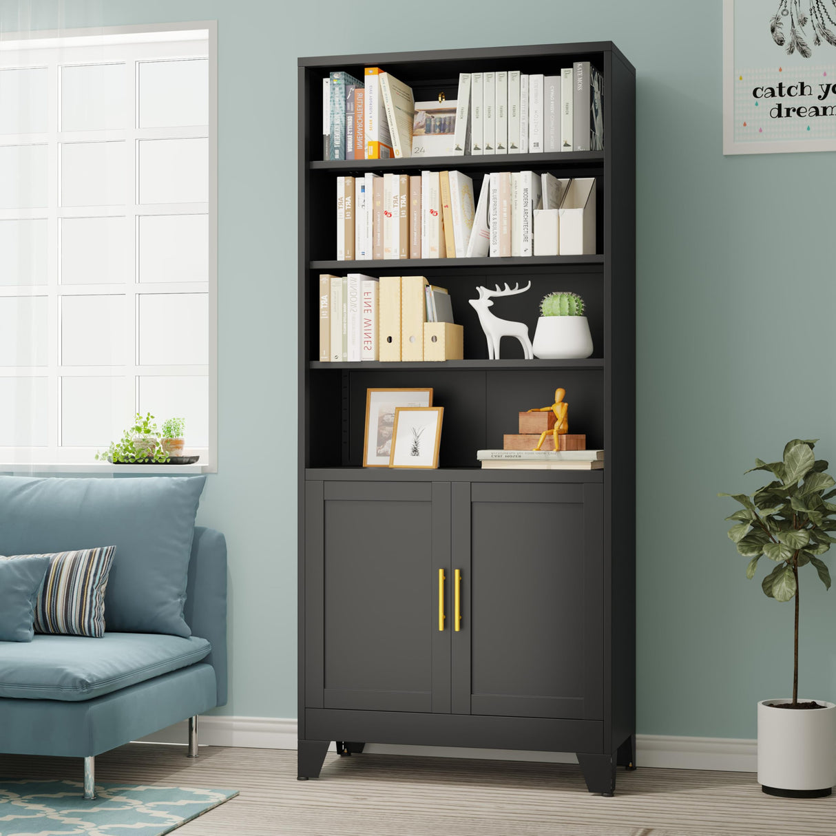 75 Inch Tall Bookshelf with Doors, Metal Bookcase with Storage Cabinet