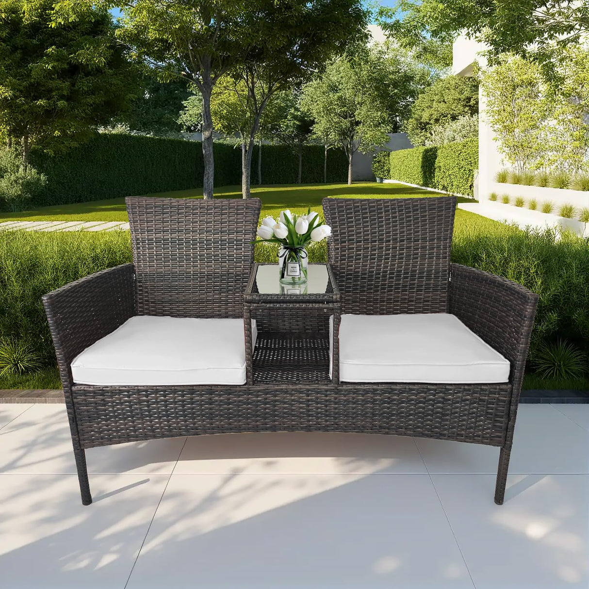 Outdoor Rattan Patio Loveseat,Wicker 2-Seat Outdoor Loveseat
