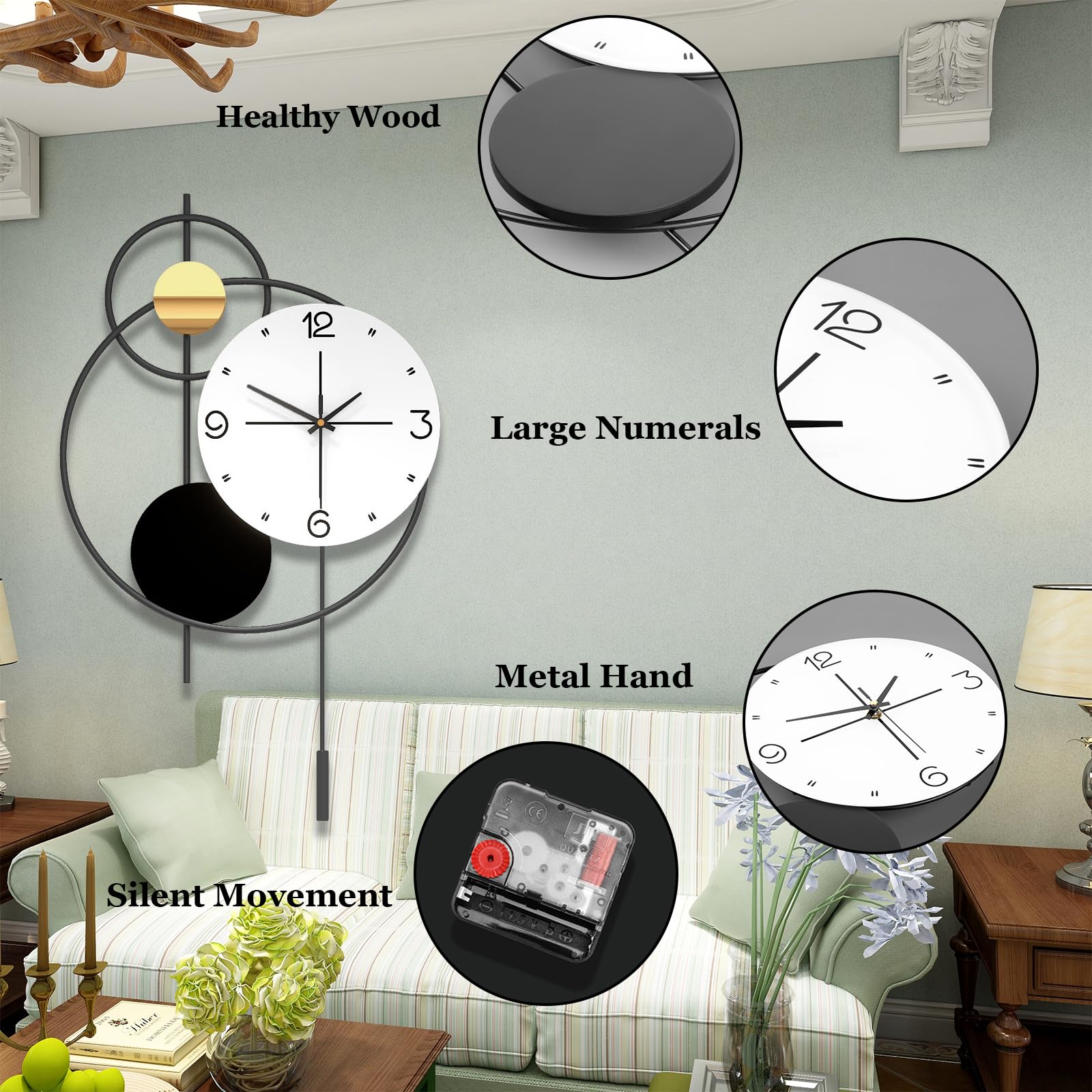 Large Wall Clock for Living Room, Modern Decorative Metal Silent Wall Clocks for Home Decor Bedroom Kitchen Office
