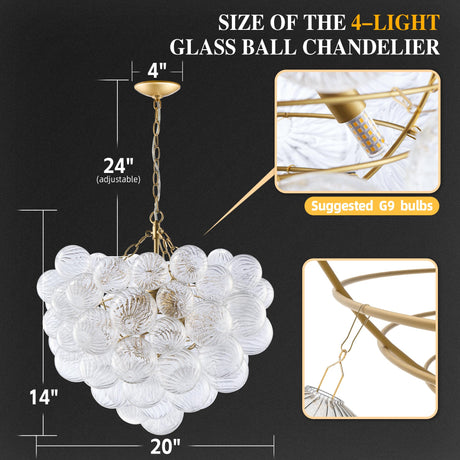 BeyPan Gold Bubble Chandelier Lighting Dia 20" Swirled Clear Ribbed Hand Blown Glass Ball Chandeliers Hanging Decorative Light Fixture for Living Room Hallway Entryway Foyer Dining Room