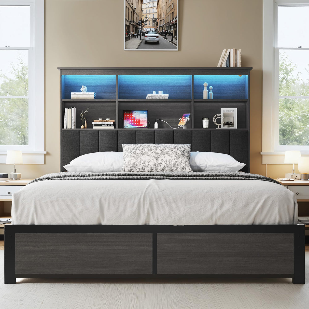 Queen Bed Frame with Headboard, Wood Bed Frame with High Storage Bookcase