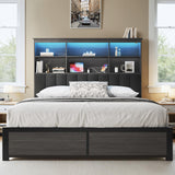 Queen Bed Frame with Headboard, Wood Bed Frame with High Storage Bookcase