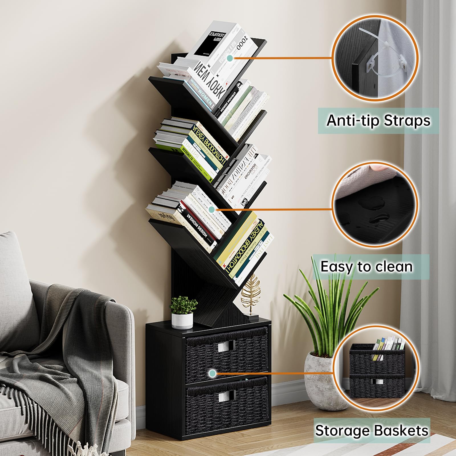 Vagusicc 6 Tier Tree Bookshelf, Modern Floor Standing Bookcase with Storage Drawer, Space Saving Storage Organizer Book Shelves for Books, Tall Wood Storage Rack for Bedroom/Living Room/Home Office
