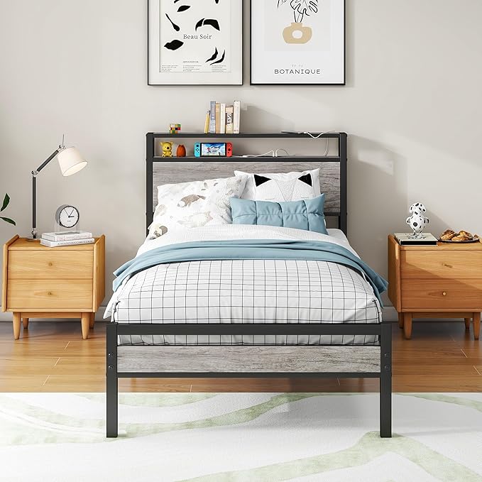 Full Size Bed Frame with Storage Headboard,Power Outlet,USB Port