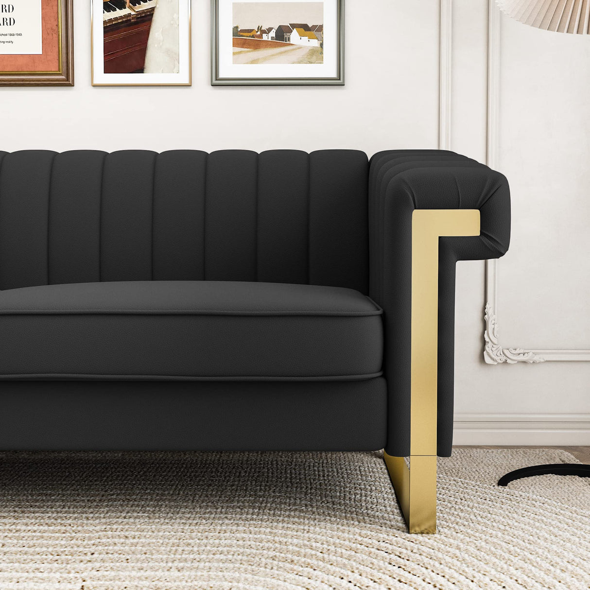 83'' Faux Leather Couch 3 Seater Sofa with Gold Metal Legs Comfy