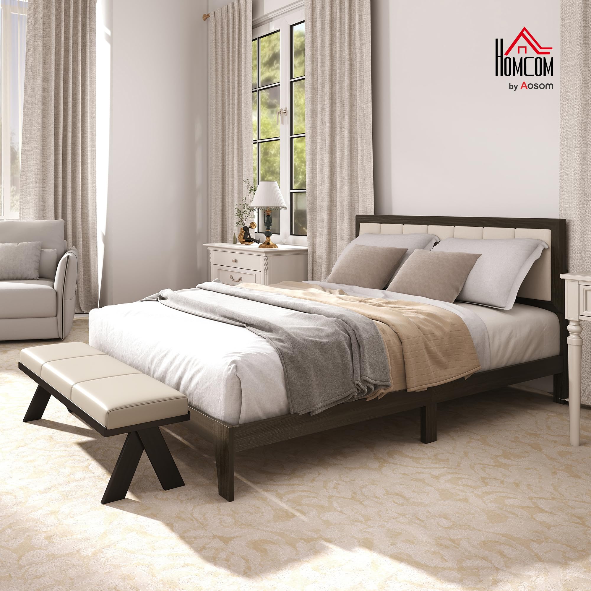 Queen Size Upholstered Platform Bed Frame with Wooden Slats - Charcoal Gray