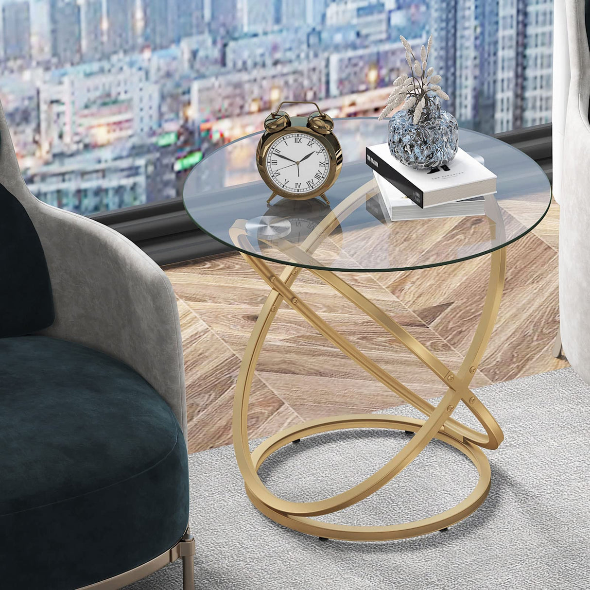 Gold End Table, Glass End Table for Living Room, Round Side Table