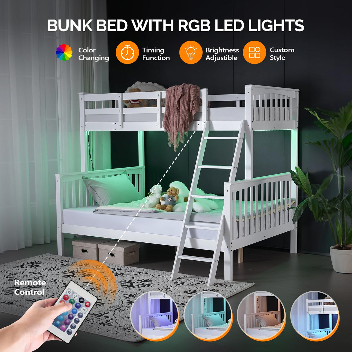 Bunk Bed Twin Over Full Size with LED Light/USB Port/15’’ Extra Tall Safety Guardrails