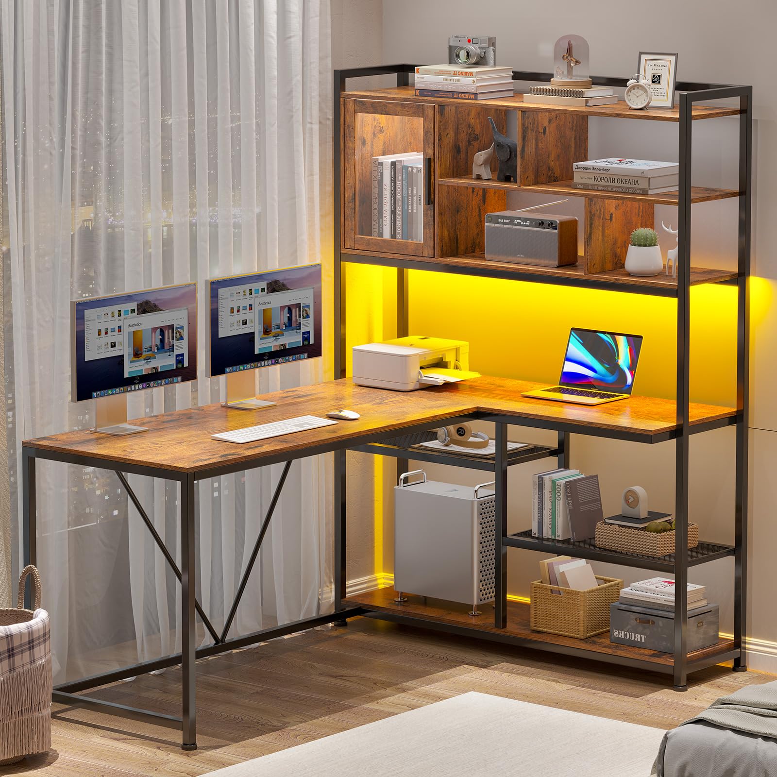 L Shaped Computer Desk, 58'' Office Desk with LED Light and Bookshelf