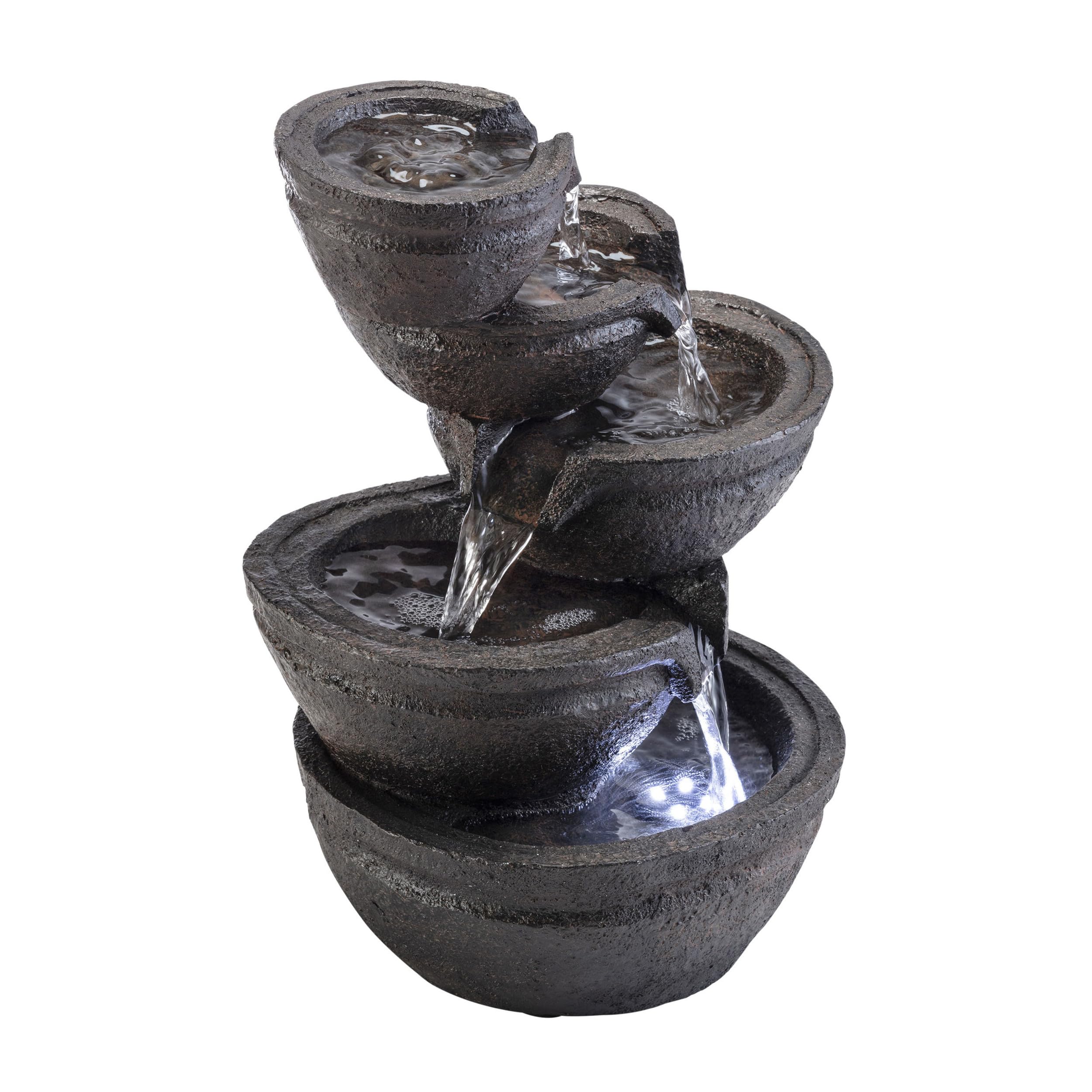 WIN1138 13" Indoor Tabletop Tiering Bowls Water Fountain with LED Lights – Cascading Water Feature for Home