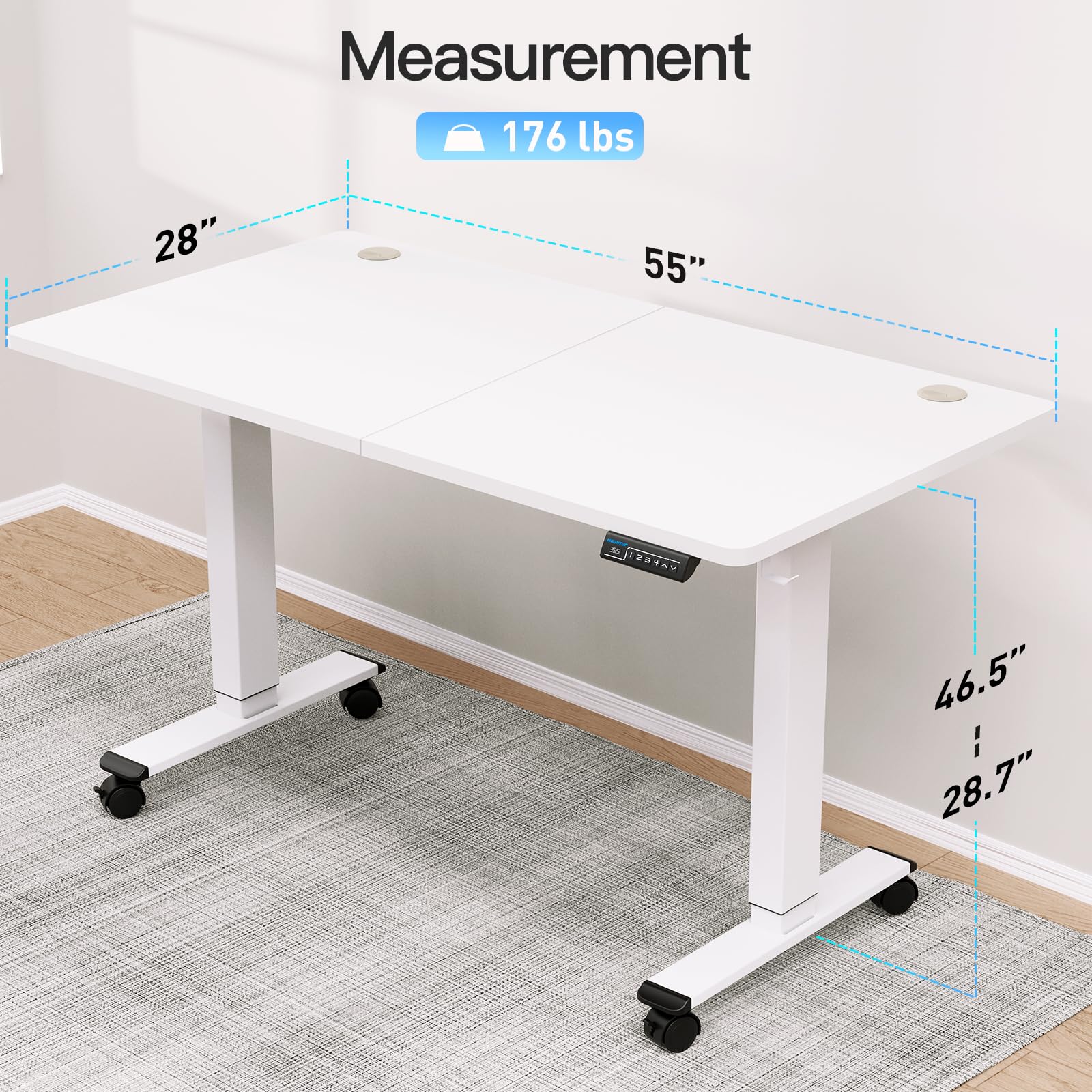 Electric Height Adjustable Standing Desk, 55 x 28 Inches Sit Stand Desk with Memory