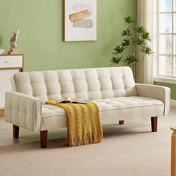 Linen Futon Sofa Couch 73.6" Fabric Upholstered Convertible Sofa