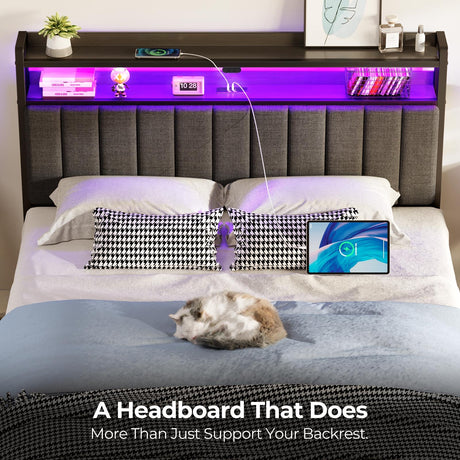 Headboard for Full Size Bed with Storage, 60,000 DIY Color of LED Light, Head Board with USB & Type C Port, Height Adjustable, Black Upholstered Cabeceras de Cama Comfortable Modern, Stable