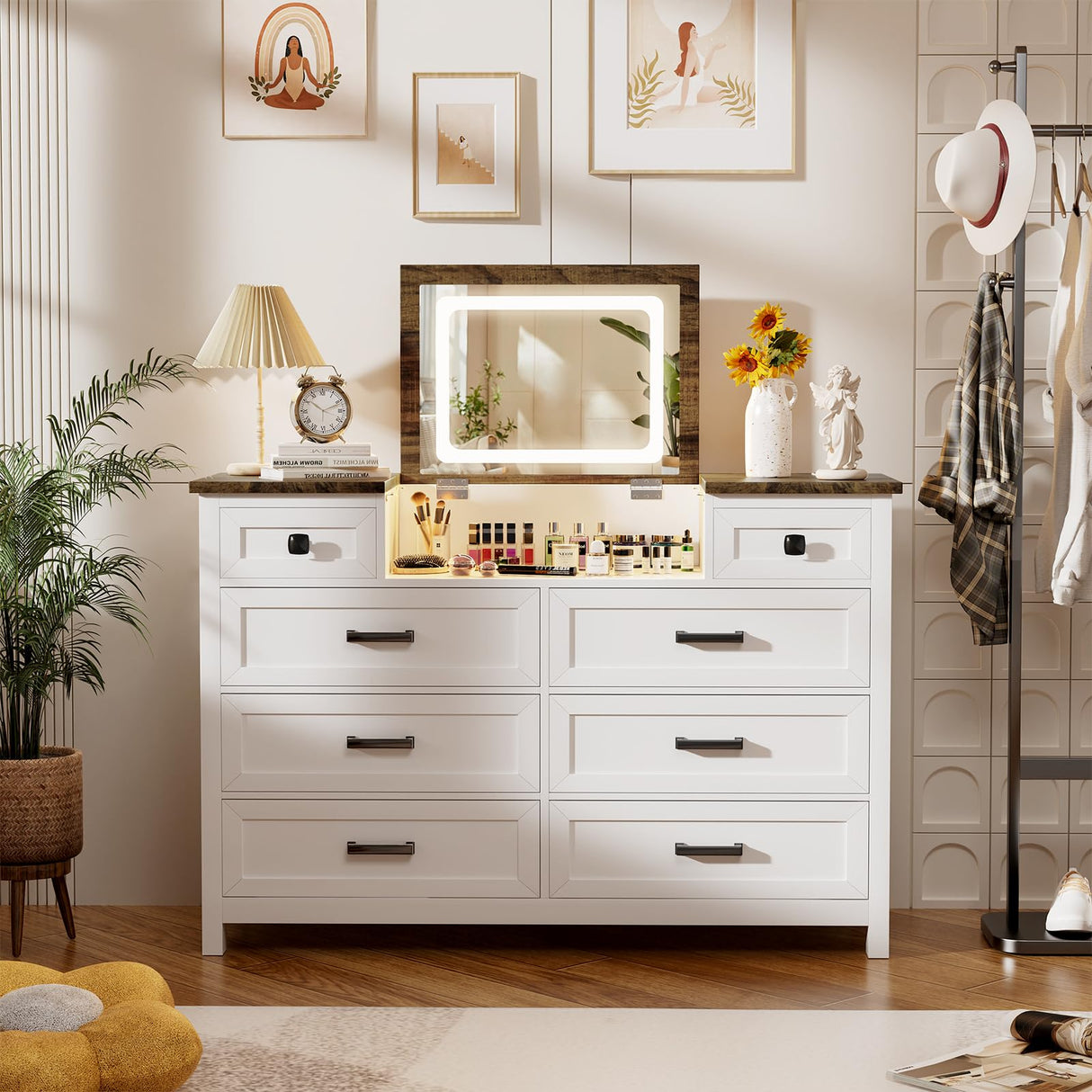 Chest of Drawers for Bedroom, 8 Drawer Dresser with Mirror, Charging Station