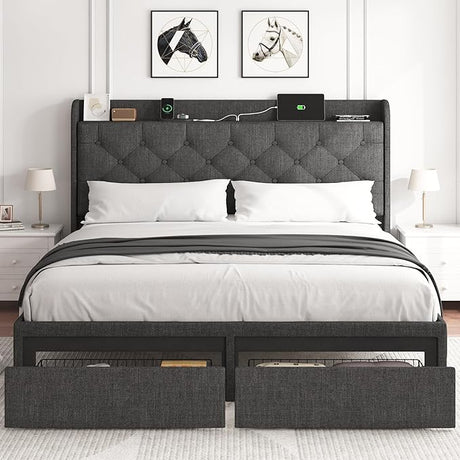 Queen Size Bed Frame with Storage Headboard and Drawers, Upholstered Bed Frame