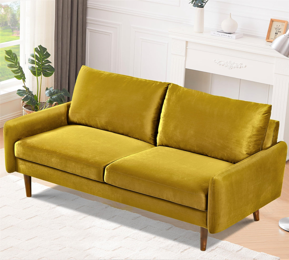 Furniture Kent Modern Velvet Sofa, Comfortable 3 Seater Couch for Living Rooms and Small Spaces, Ideal Studio Apartment Furniture with Sleek Design, Golden Yellow