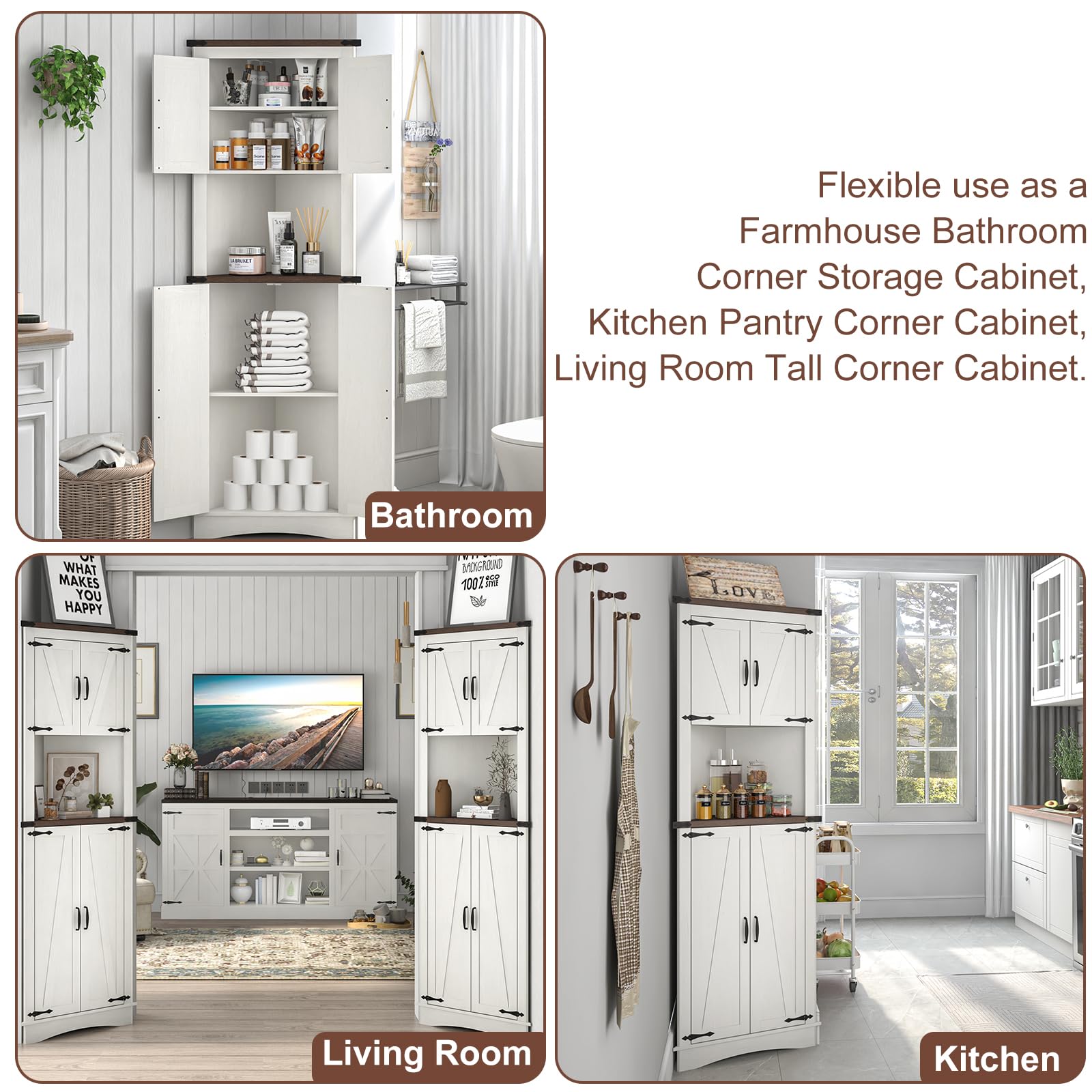 68" Tall Farmhouse Corner Cabinet, 5-Tier Storage Cabinet with 4 Barn Doors & Adjustable