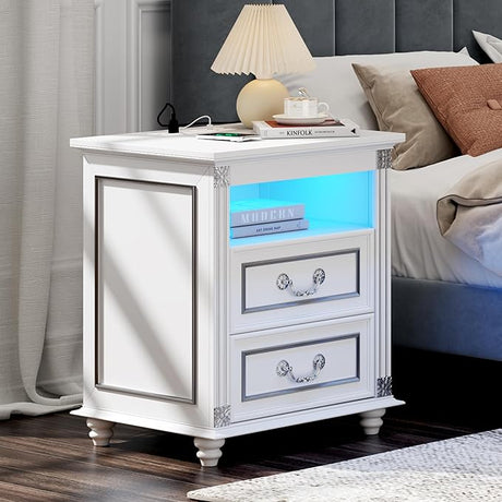 Night Stand with Charging Station, Nightstands with 3 Color LED Lights, Side Table with 2