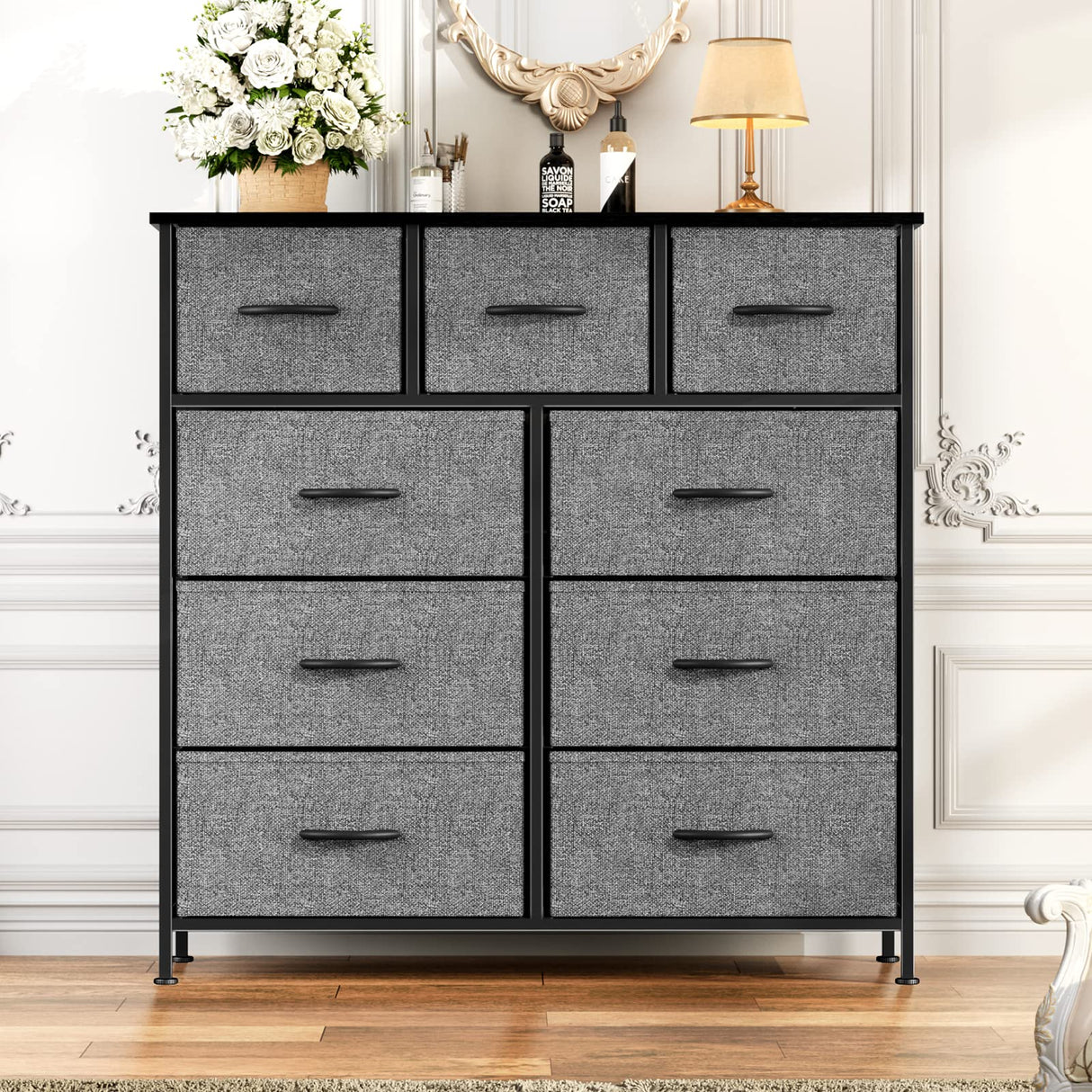 Organizer Storage 9, Chest of Drawers with Fabric Bins, Tall Dresser with Wood Top