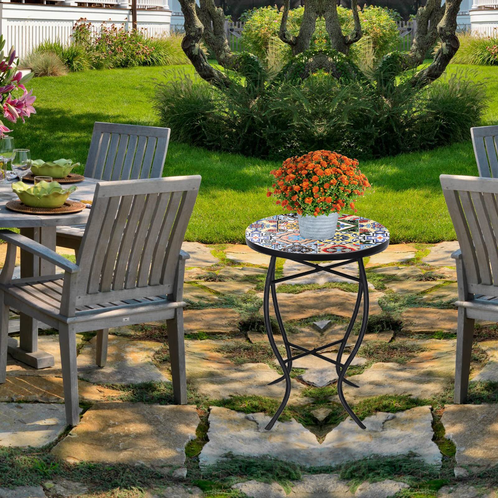 21" Round End Table with 14" Ceramic Tile Top, Indoor Patio Accent Table