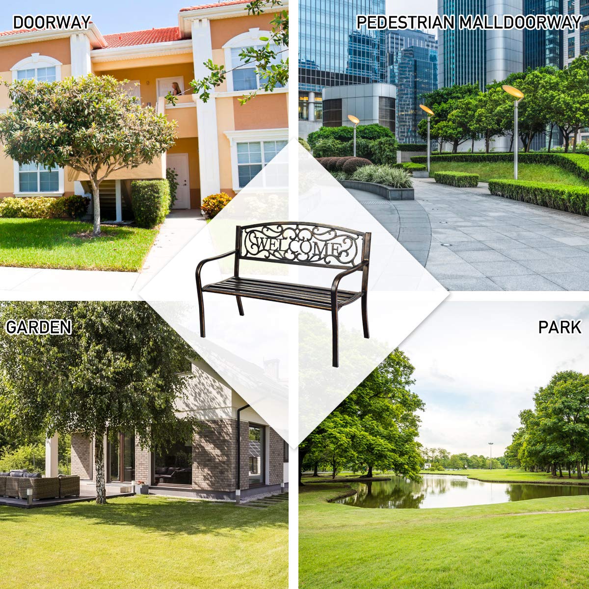 Outdoor Steel Garden Bench Park Bench, 50 Inch Patio Welcome Bench with Slated Seat