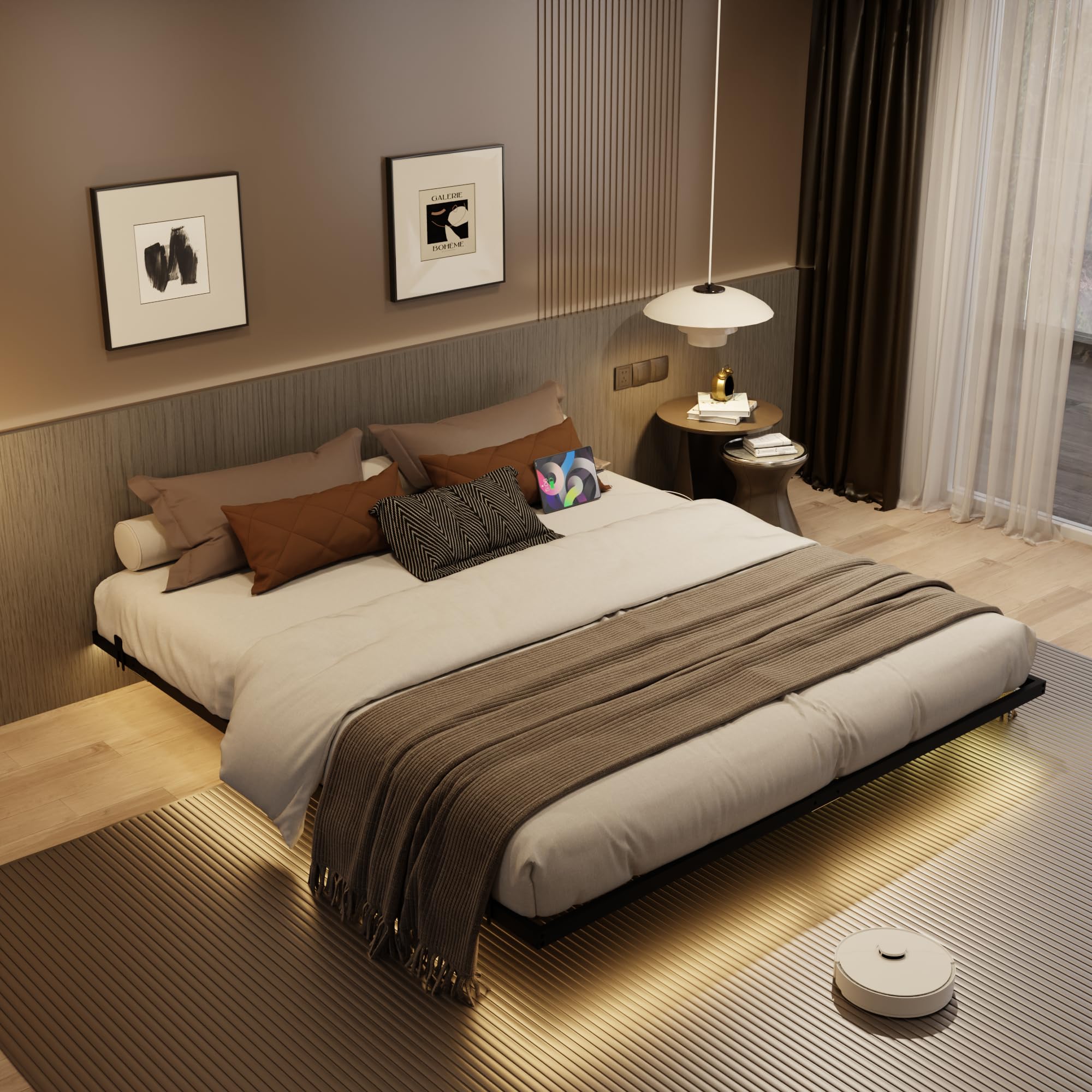 California King Floating Bed Frame with LED Lights