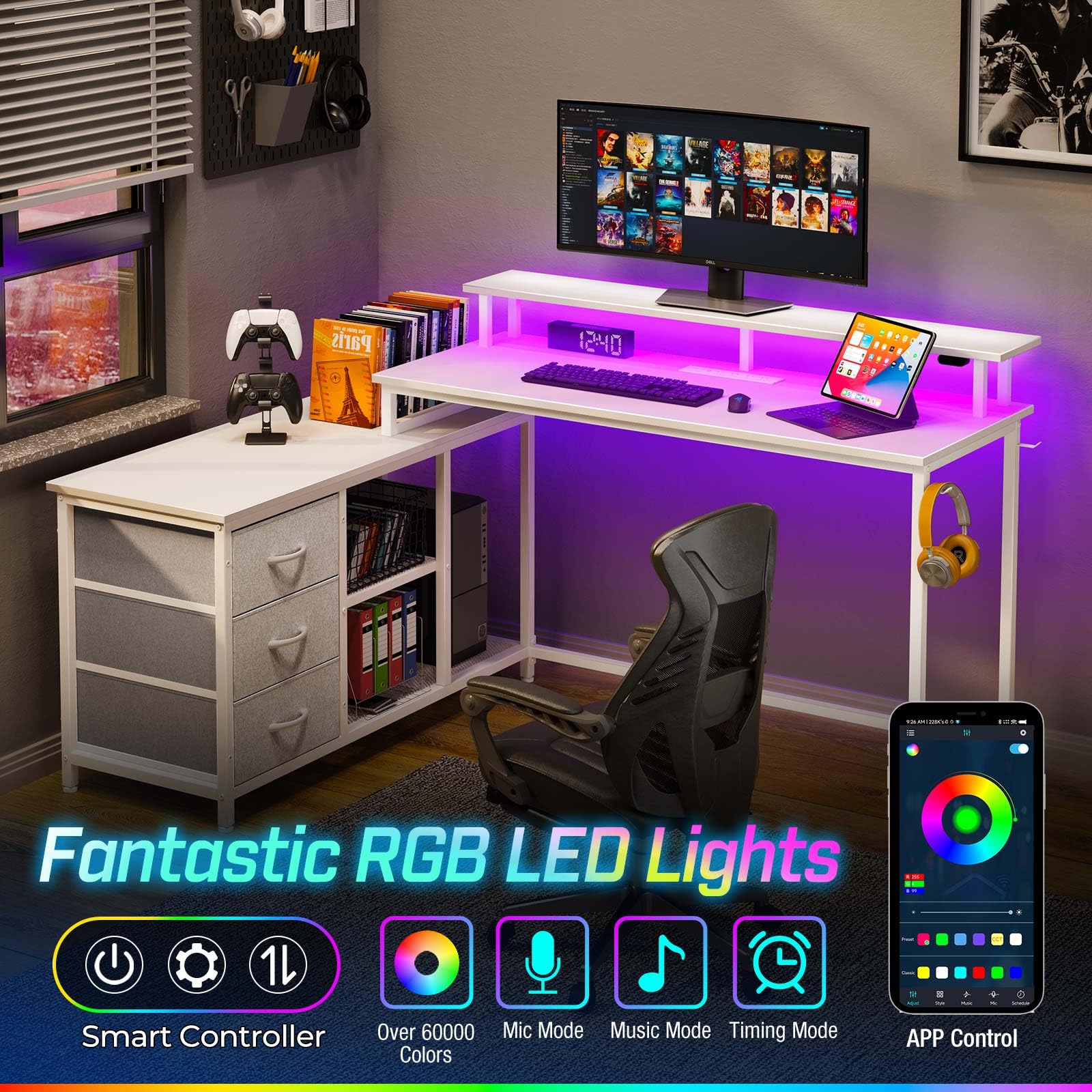 Seventable L Shaped Computer Desk with Drawers, Reversible Gaming Desk with LED Lights & Charging Port, Corner Desk with Storage Shelves & Monitor Stand for Home Office White