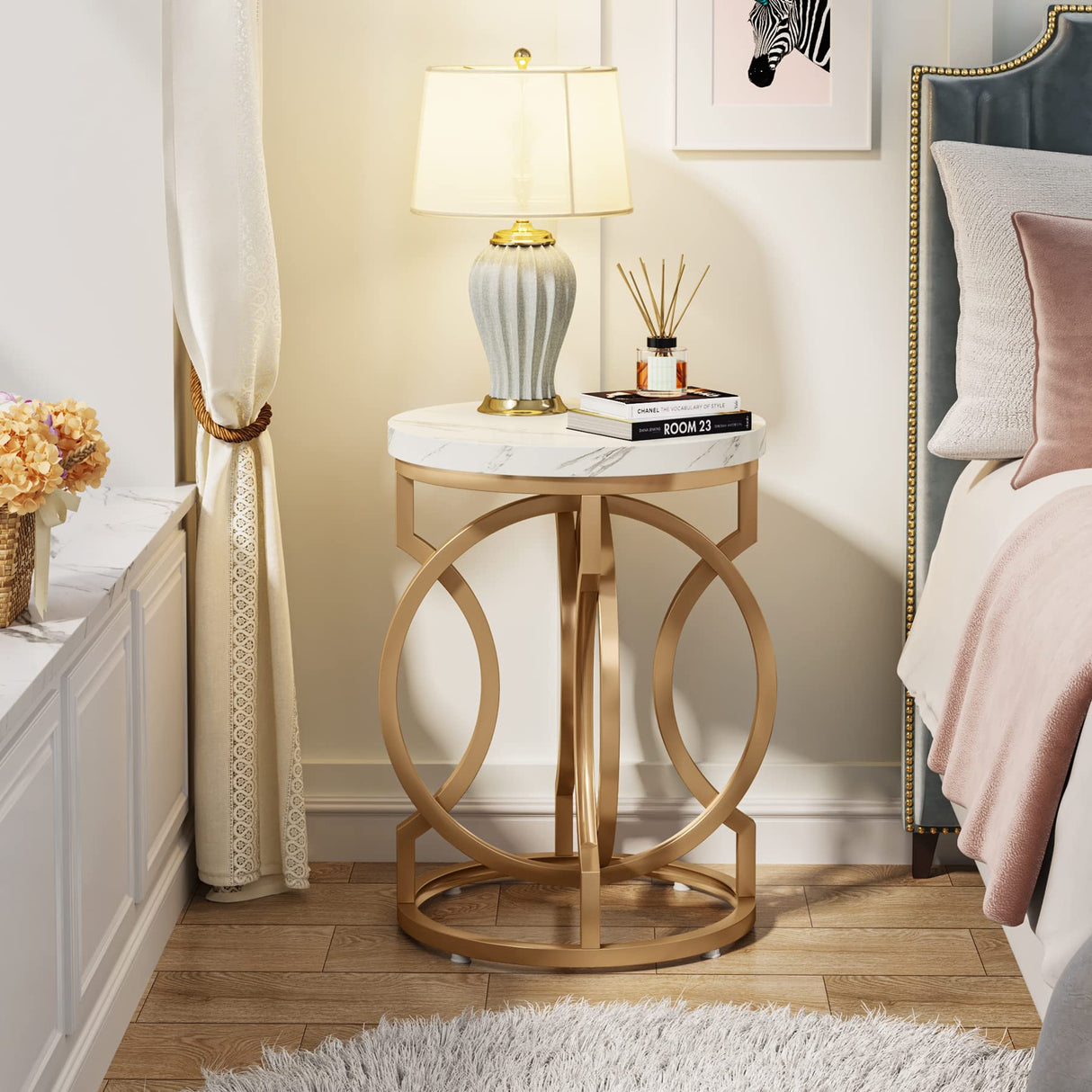 Tribesigns Modern Round End Table Set of 2 with Thick Wood Top, 20" Side Table Cocktail Table with Unique O-Shaped Base, Midcentury Accent Table Nightstand for Living Room Bedroom, White + Gold