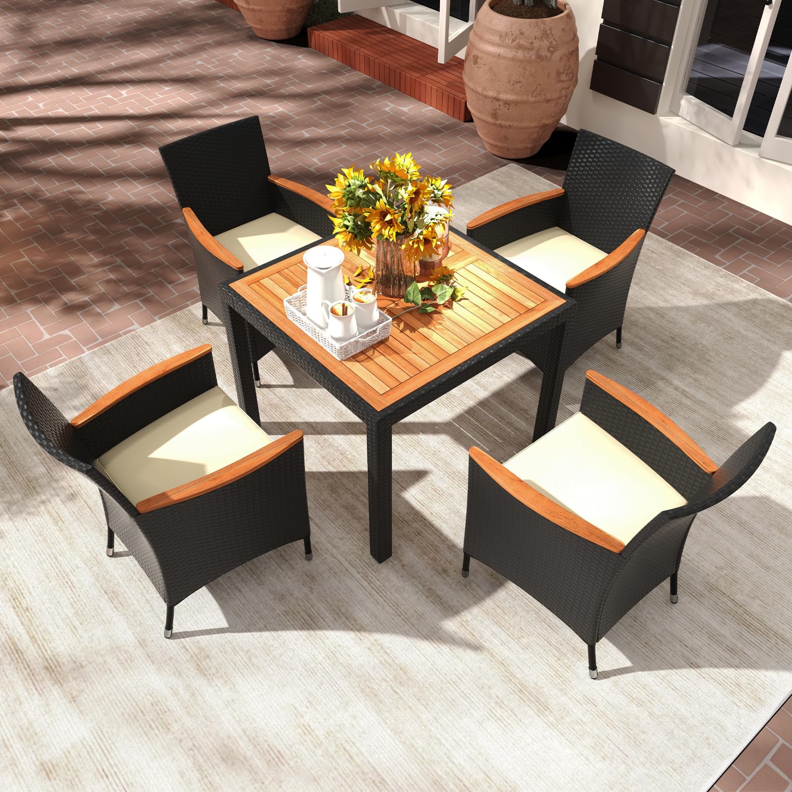 5 Pieces Patio Dining Table Set for 4, Rattan Conversation Set with Umbrella Hole
