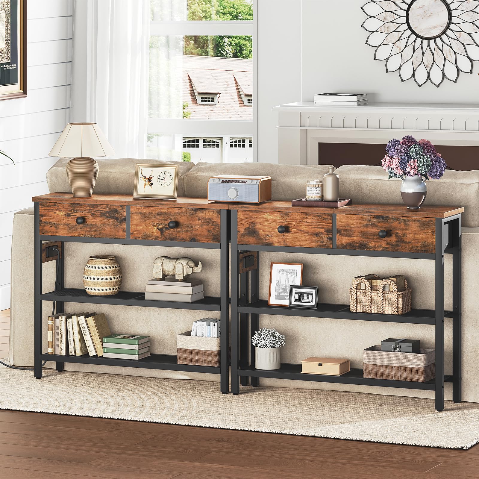 29.5" Narrow Console Table with Power Outlet & Fabric Drawers