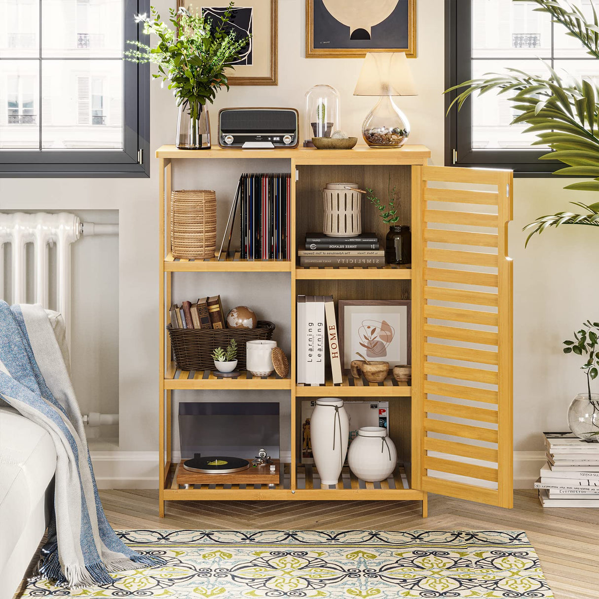 Bathroom Cabinet Bamboo Storage Cabinet with Doors and 3 Side Shelves