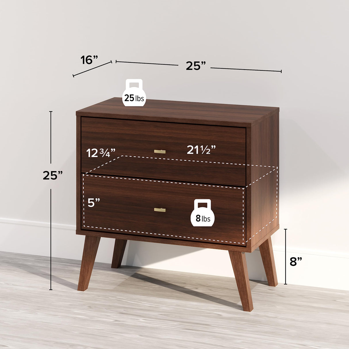 Prepac Milo Mid-Century Modern 2 Drawer Nightstand, Bedside Table, Contemporary Bedroom Furniture, 16"D x 25"W x 25"H, Cherry