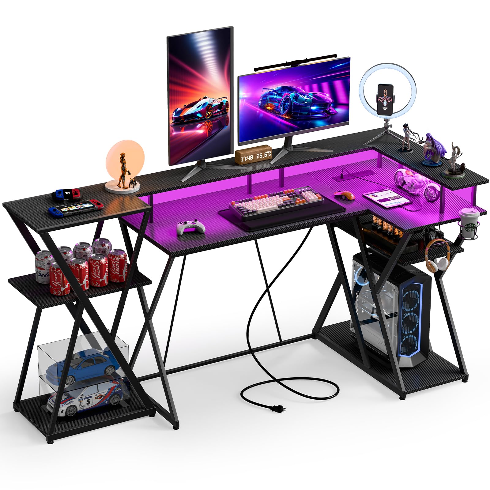 47 inch Gaming Desk with LED Lights & Power Outlets, Corner Computer Desk