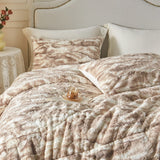 Faux Fur Comforter Set King Size, 3 Pieces Ultra Soft Marbled Beige Fluffy Comforter