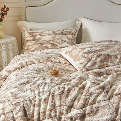 Faux Fur Comforter Set King Size, 3 Pieces Ultra Soft Marbled Beige Fluffy Comforter