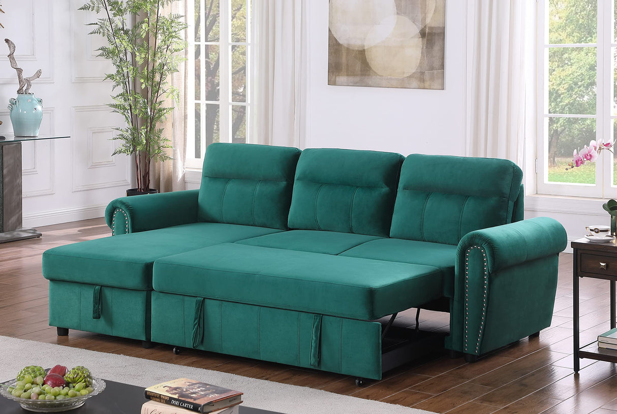 Ashton Green Velvet Fabric Reversible Sleeper Sectional Sofa Chaise