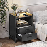 LED Nightstands Set of 2, Black Night Stand with Charging Station and 2 Drawers