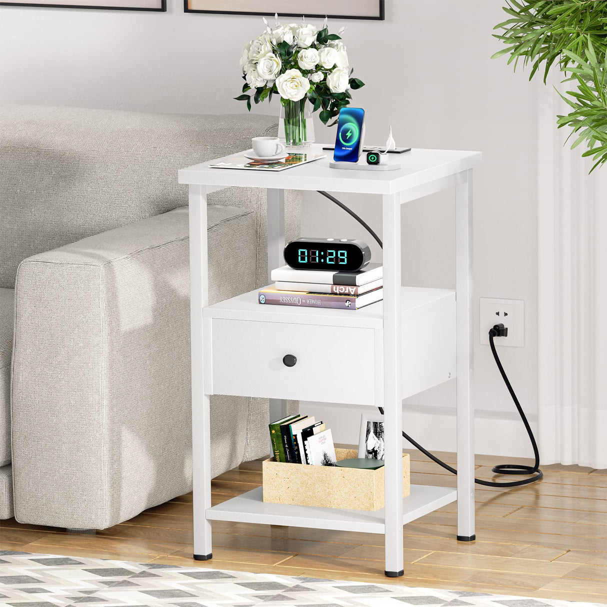 Nightstands Set of 2, 3-Tier Nightstand with LED Lights, 26.8'' Nightstands with Charging