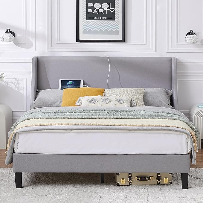 Full Bed Frame with Upholstered Wingback Headboard