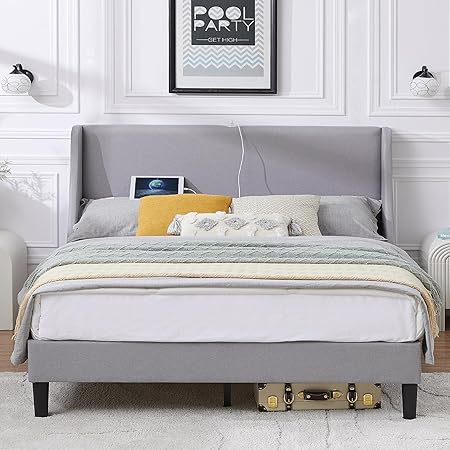 Queen Bed Frame with Type-C & USB Port, Wingback Headboard, Upholstered Platform