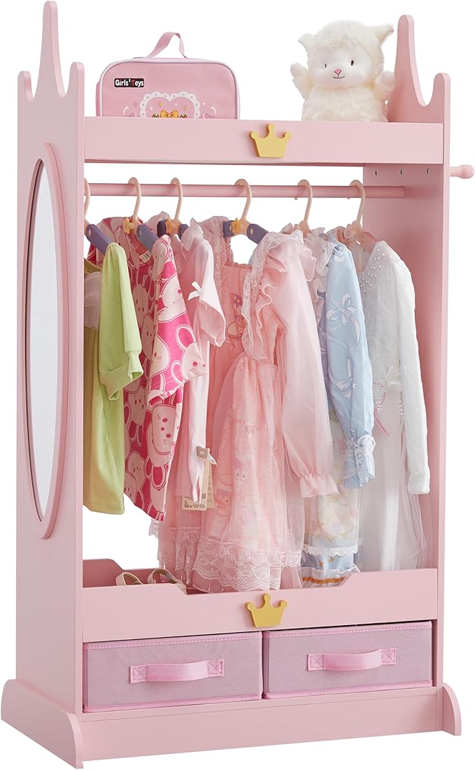 Kids Dress Up Storage with Mirror, Kids Armoire with Non-Woven Drawers